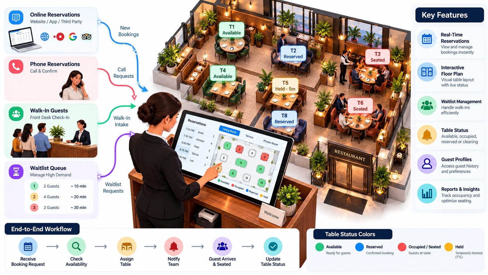 Coordinated Dining Room Operations and Table Management Workflows